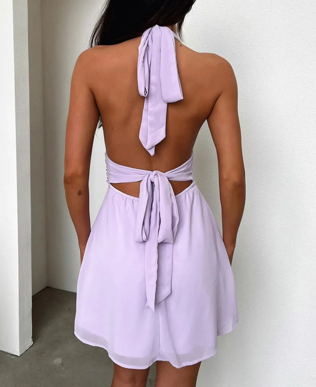Womens Halter Mini Dress V-Neck A-line Chiffion Sleeveless Backless Party Dress