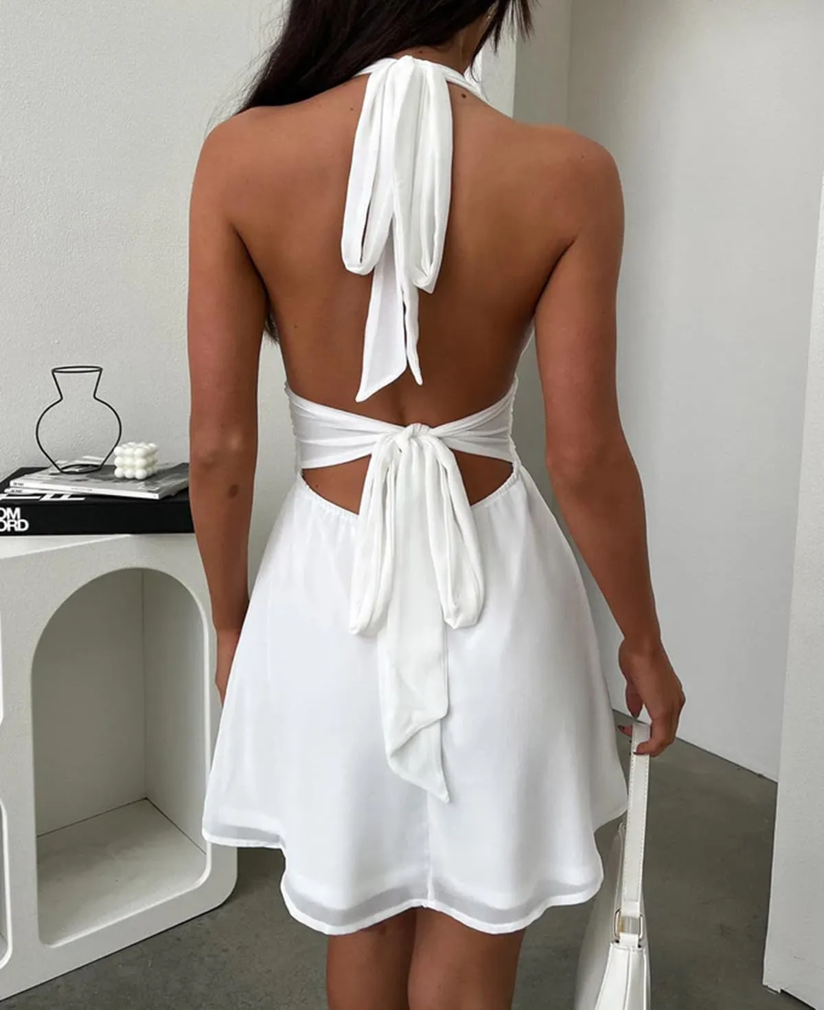 Womens Halter Mini Dress V-Neck A-line Chiffion Sleeveless Backless Party Dress