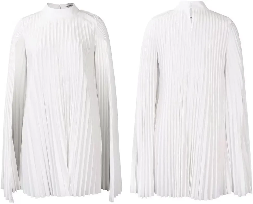 Women's Mock Neck Cloak Sleeve Pleated Keyhole Back Flowy Party Midi Short Dress