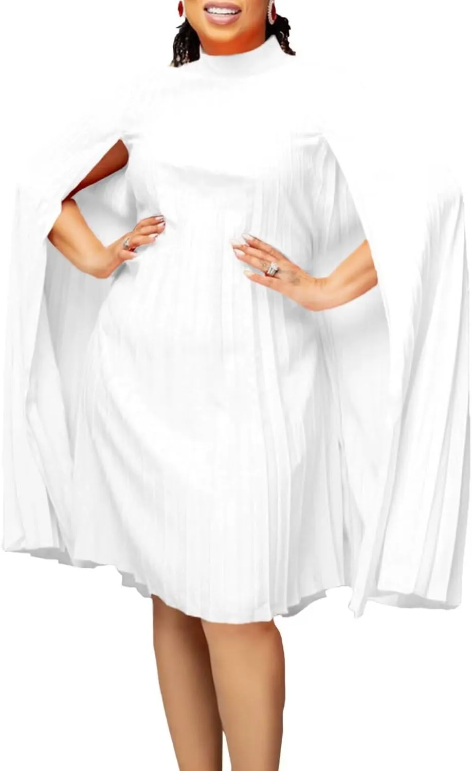 Women's Mock Neck Cloak Sleeve Pleated Keyhole Back Flowy Party Midi Short Dress