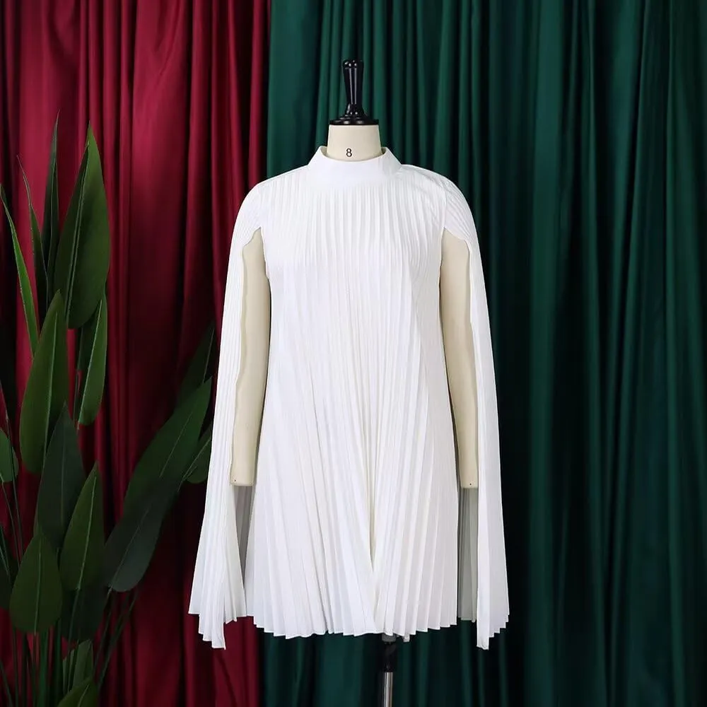 Women's Mock Neck Cloak Sleeve Pleated Keyhole Back Flowy Party Midi Short Dress