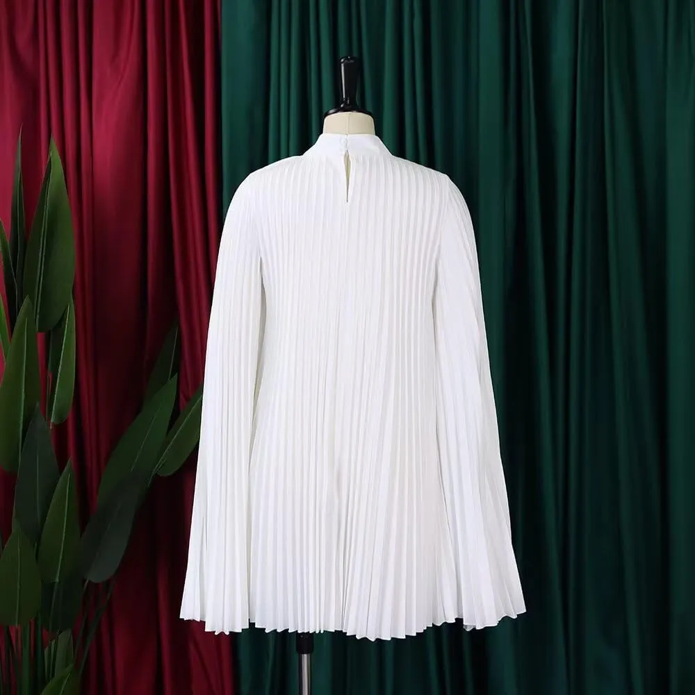 Women's Mock Neck Cloak Sleeve Pleated Keyhole Back Flowy Party Midi Short Dress
