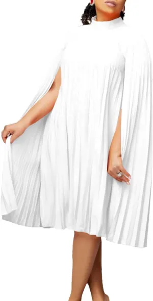 Women's Mock Neck Cloak Sleeve Pleated Keyhole Back Flowy Party Midi Short Dress