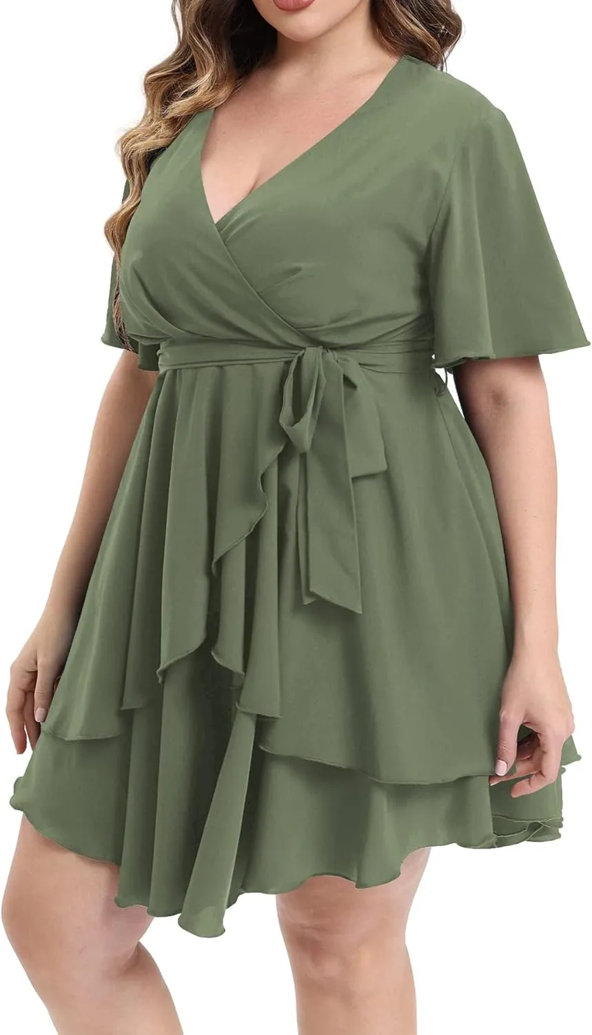 Womens Plus Size Dress Summer Short Sleeve V Neck Wrap Dress Casual Dressy Cocktail Party Mini Dresses