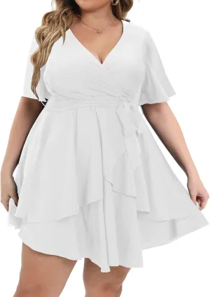 Womens Plus Size Dress Summer Short Sleeve V Neck Wrap Dress Casual Dressy Cocktail Party Mini Dresses