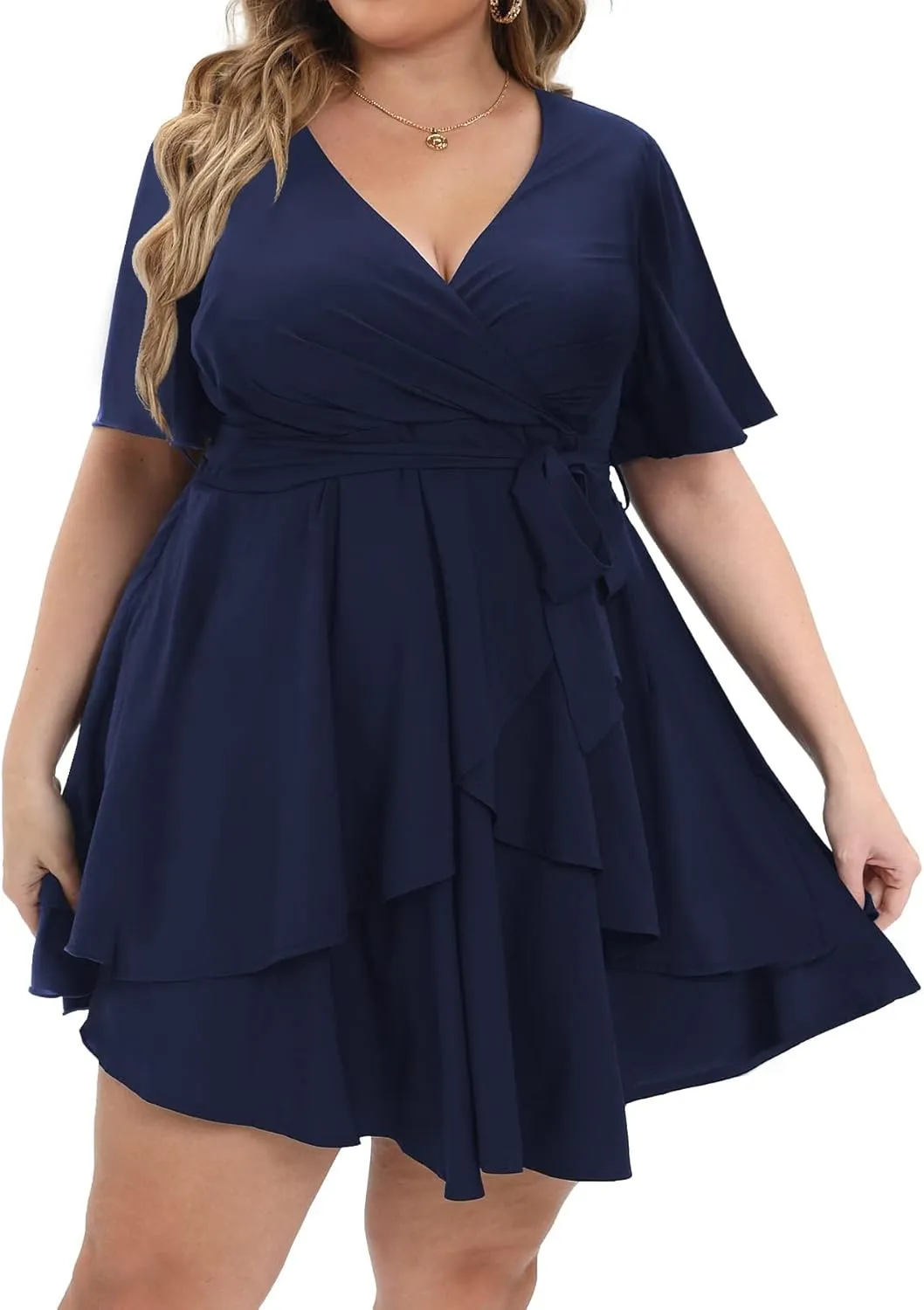 Womens Plus Size Dress Summer Short Sleeve V Neck Wrap Dress Casual Dressy Cocktail Party Mini Dresses