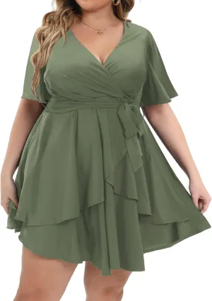 Womens Plus Size Dress Summer Short Sleeve V Neck Wrap Dress Casual Dressy Cocktail Party Mini Dresses