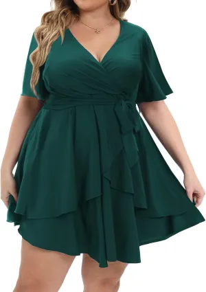 Womens Plus Size Dress Summer Short Sleeve V Neck Wrap Dress Casual Dressy Cocktail Party Mini Dresses