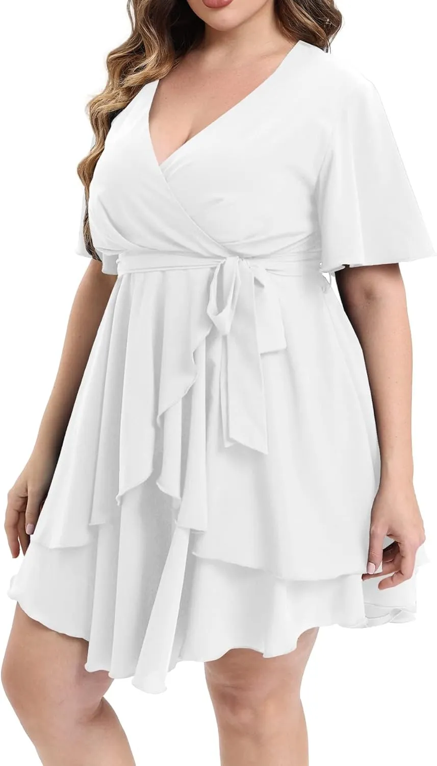 Womens Plus Size Dress Summer Short Sleeve V Neck Wrap Dress Casual Dressy Cocktail Party Mini Dresses