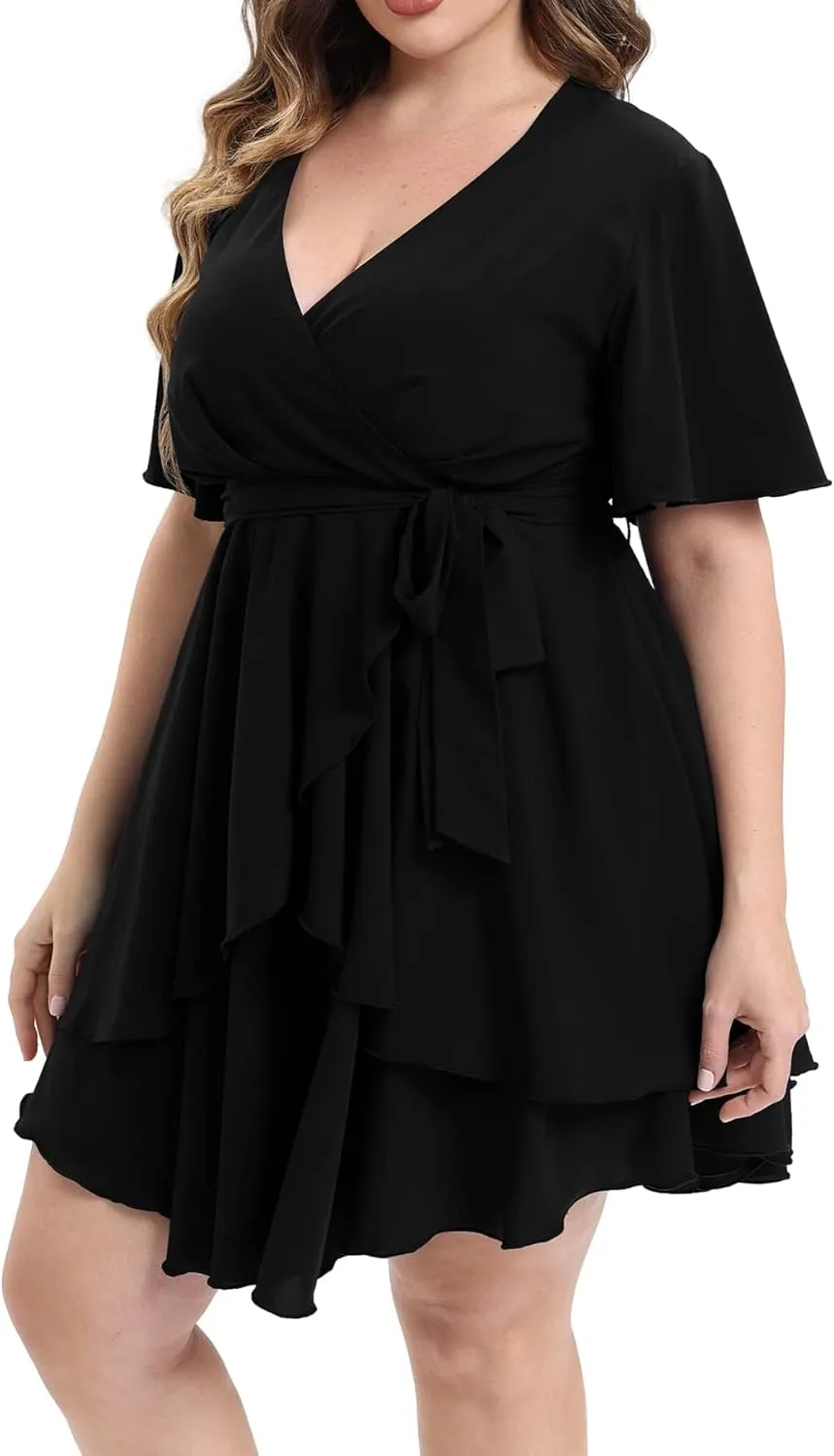 Womens Plus Size Dress Summer Short Sleeve V Neck Wrap Dress Casual Dressy Cocktail Party Mini Dresses