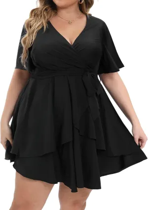 Womens Plus Size Dress Summer Short Sleeve V Neck Wrap Dress Casual Dressy Cocktail Party Mini Dresses