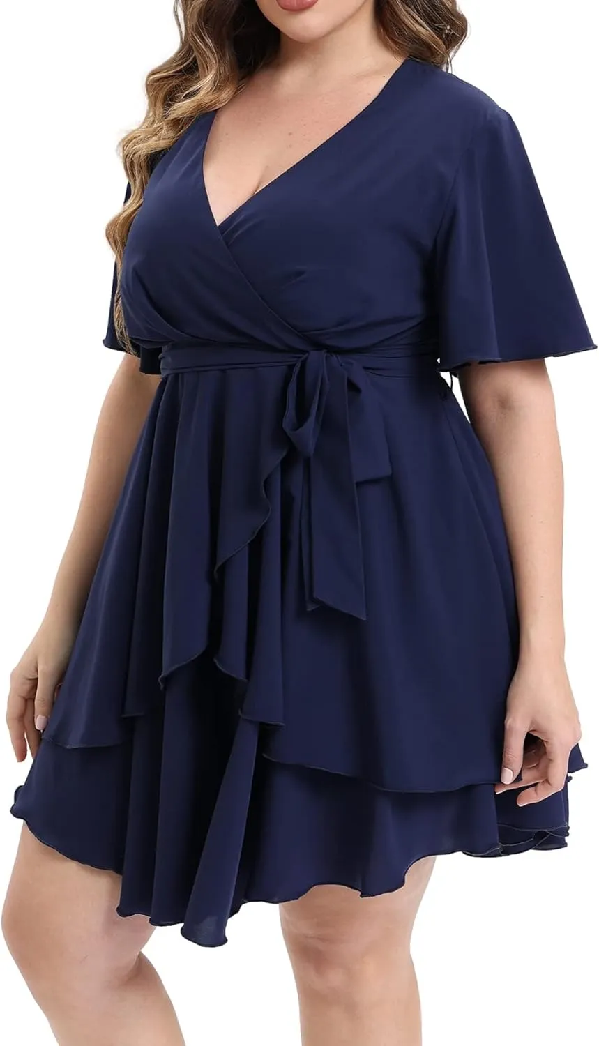 Womens Plus Size Dress Summer Short Sleeve V Neck Wrap Dress Casual Dressy Cocktail Party Mini Dresses
