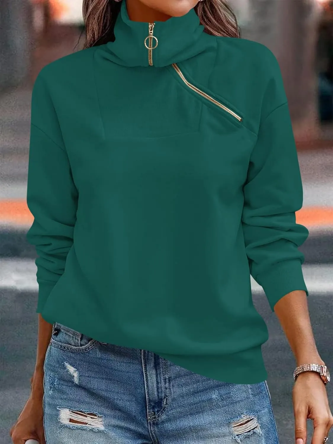 Womens Zipper Sweatshirt Turtleneck Long Sleeve Pullover Casual Loose Sweatshirts Top T Shirts
