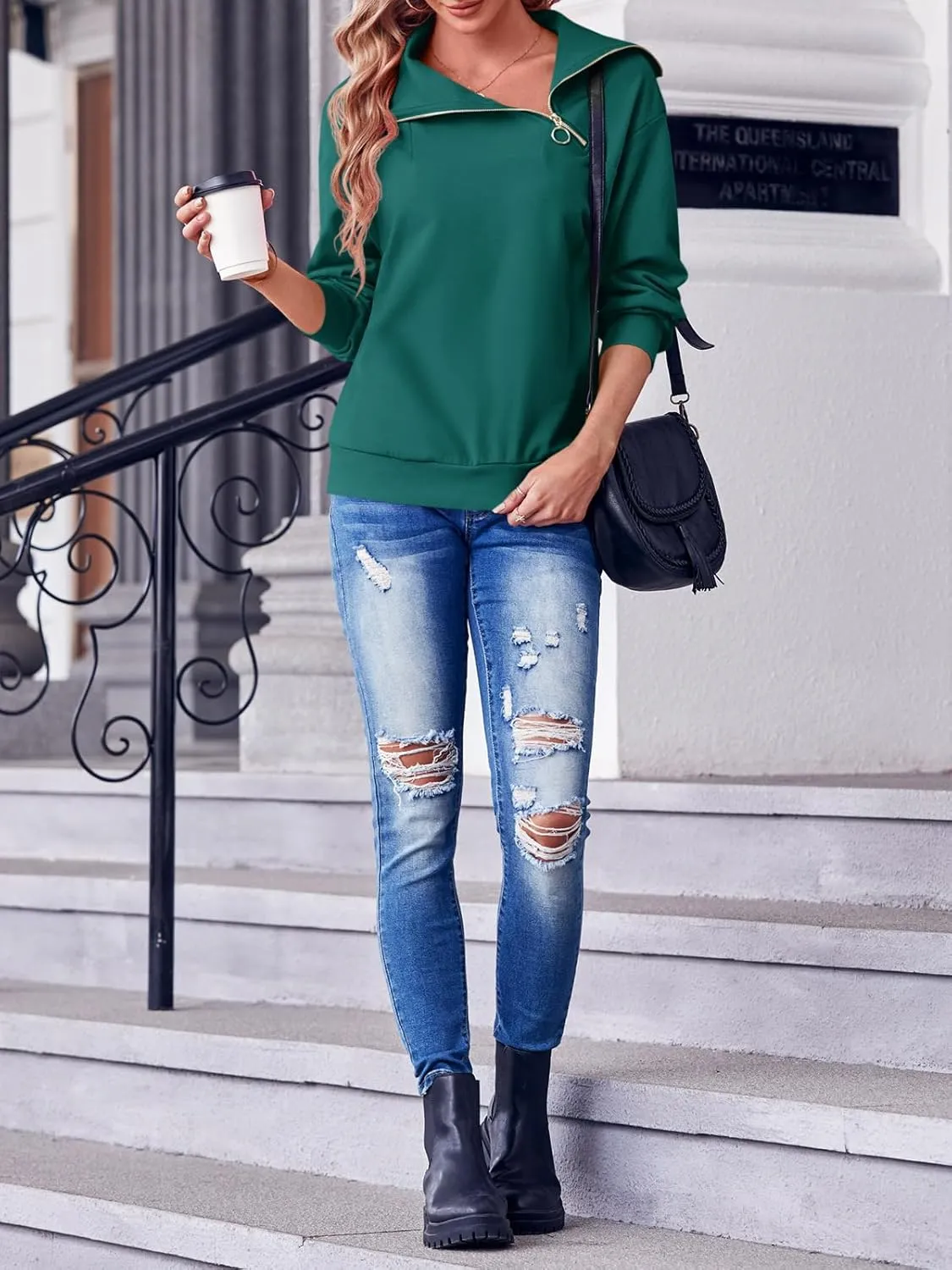 Womens Zipper Sweatshirt Turtleneck Long Sleeve Pullover Casual Loose Sweatshirts Top T Shirts