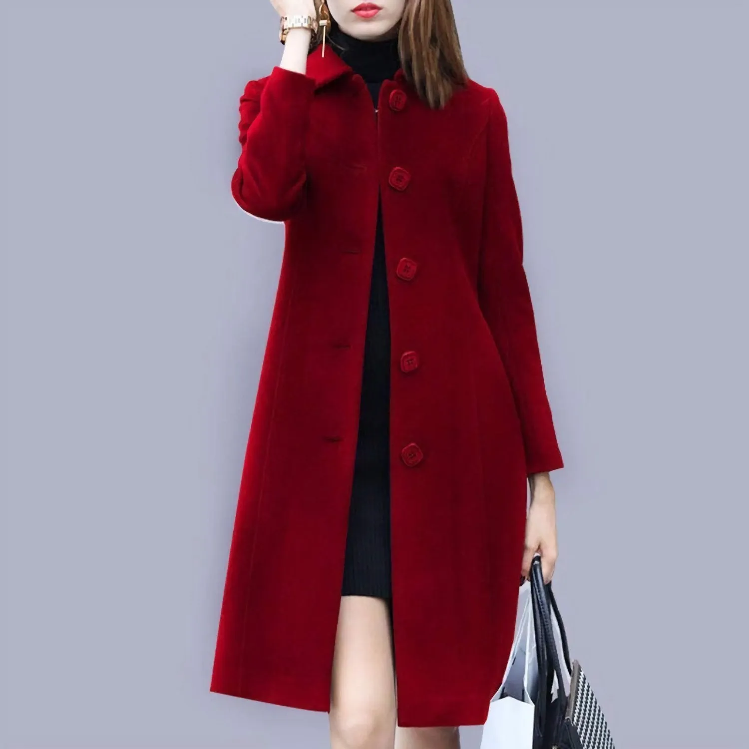 Wool Mid Length Single Breasted Slim Blended Coat